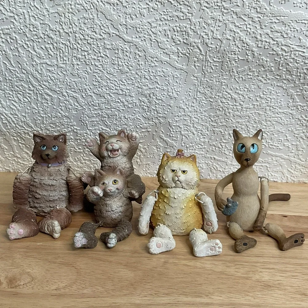 Funny Cats Figurines Lot Of 4 Shelf Sitters 2004, Dangling Arms Legs Tail Resin*